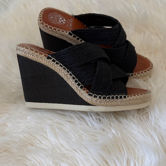 Vince Camuto Shoes - Vince Camuto Black and Tan Woven Wedges 8